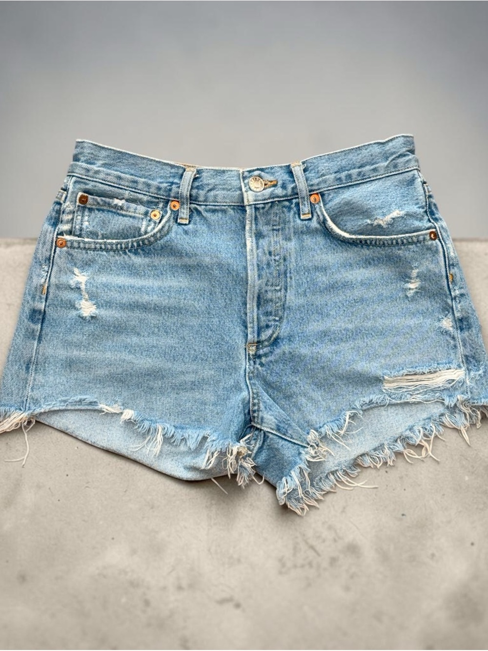 AGOLDE Parker Distressed Denim Cutoff Shorts Size 25 High Rise Button Fly